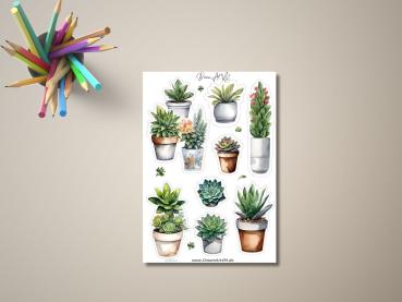 Sticker-Sheet mit Sukkulenten in verschiedenen Töpfen – handgefertigt und handgemalt